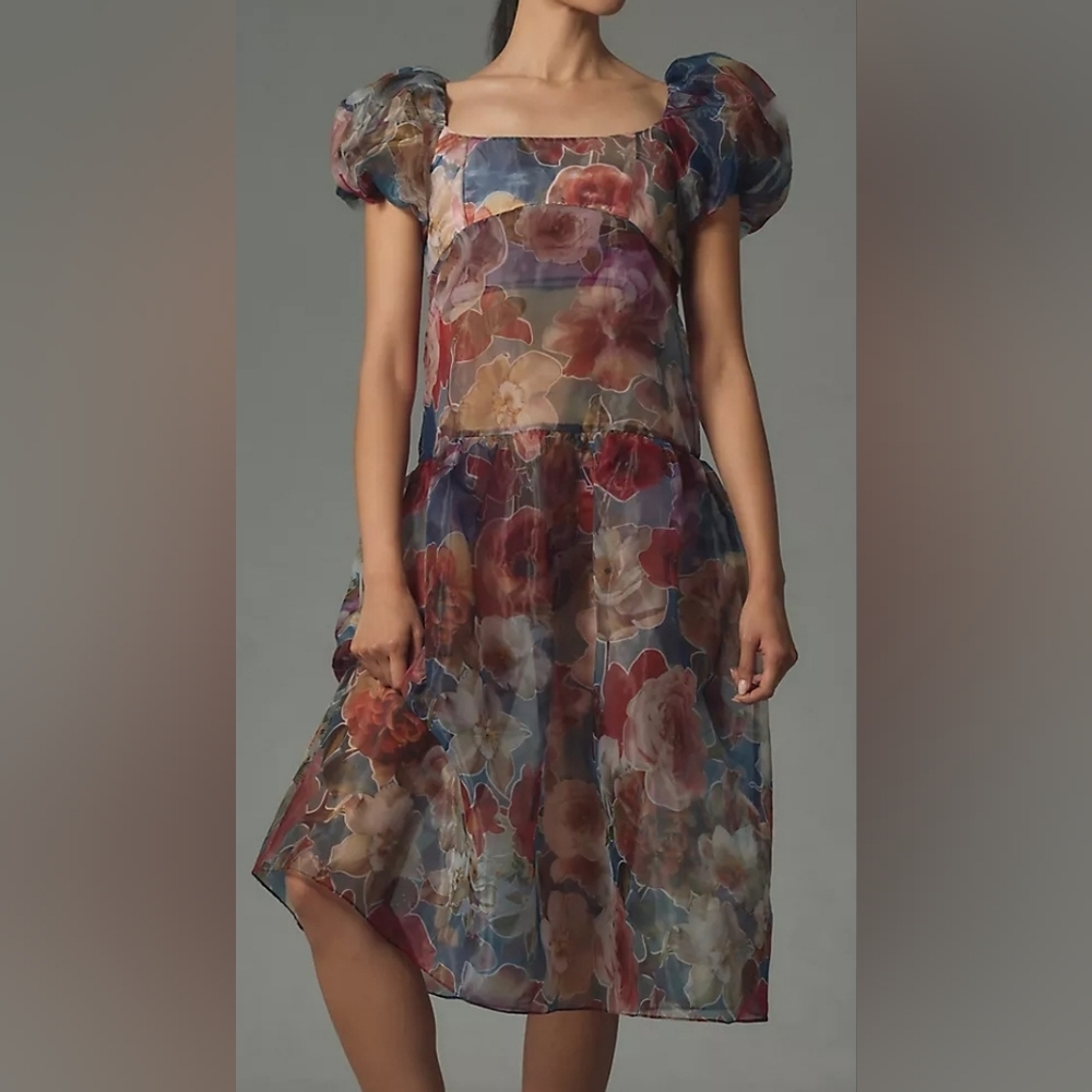 Anthropologie Puff Sleeve Off Shoulder Drop Waist Sheer Midi